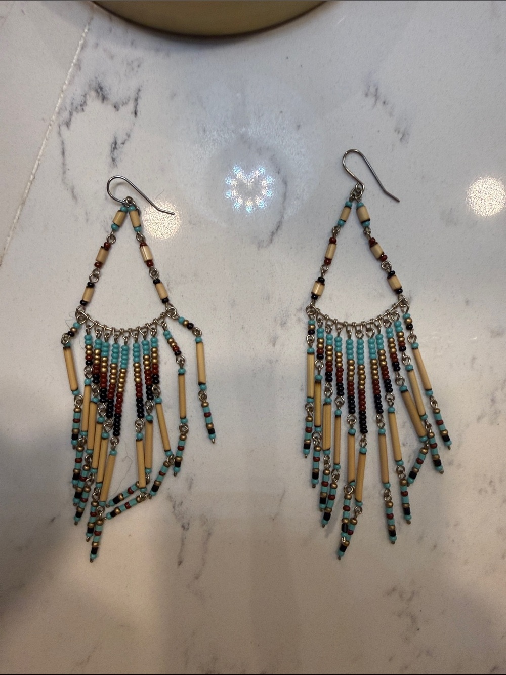 Boho Turquoise & Cream Beaded Fringe Earrings